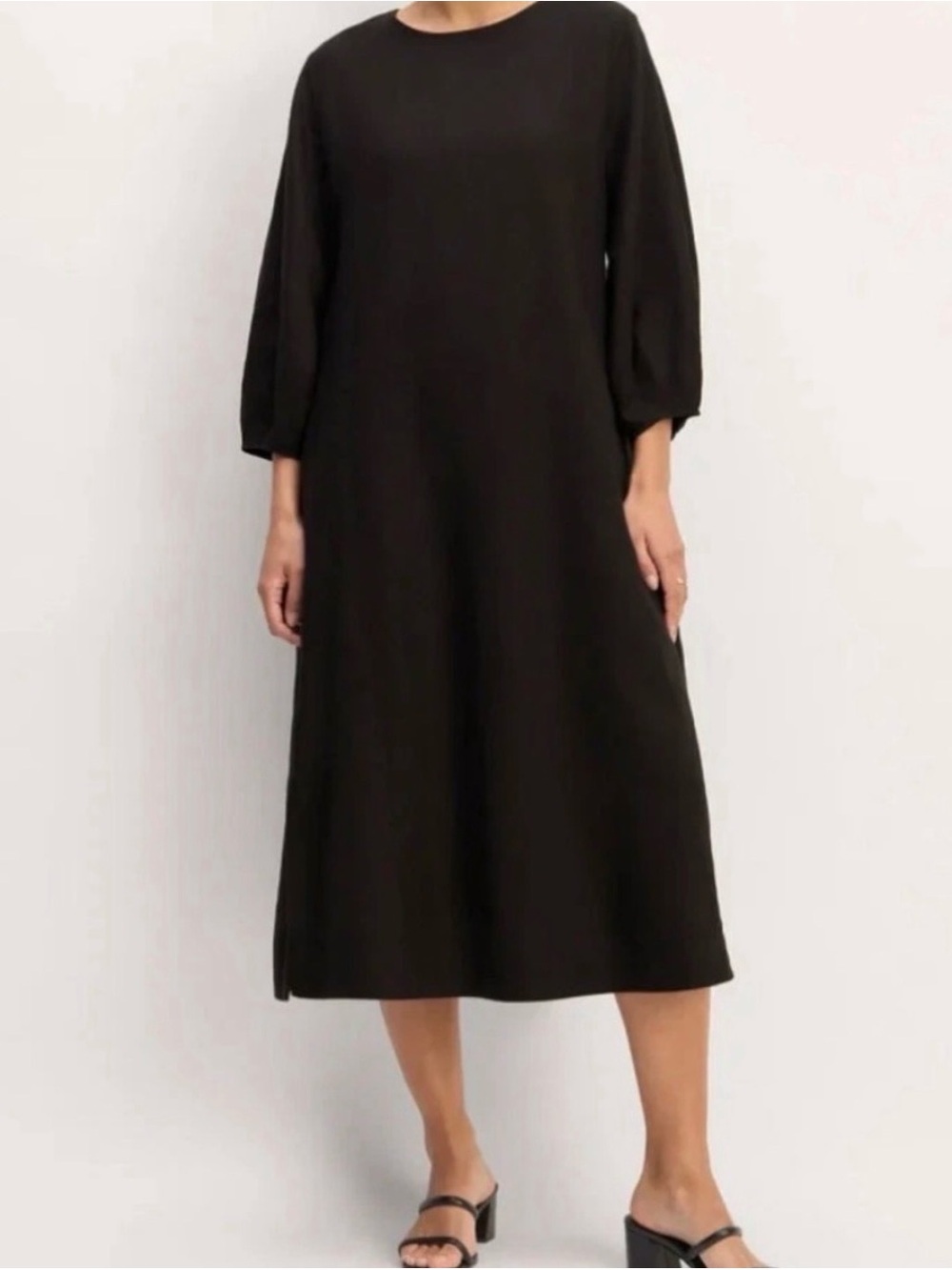 Everlane 100% Flax Linen Size 10 Black A-Line Midi Dress Quiet Luxury Pocket Zip